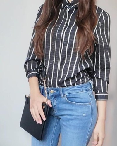 Black Striped Roll Tab Sleeve Button Shirt