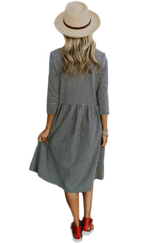 Black Pinstriped Casual Midi Shirt Dress