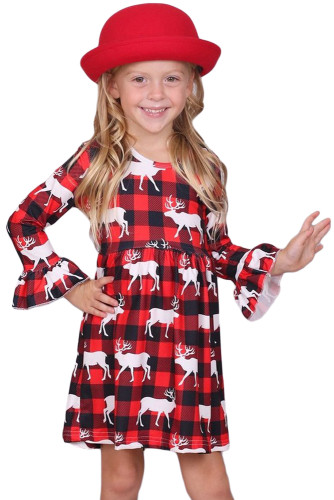 Girls Reindeer Allover Plaid Ruffled Christmas Dress