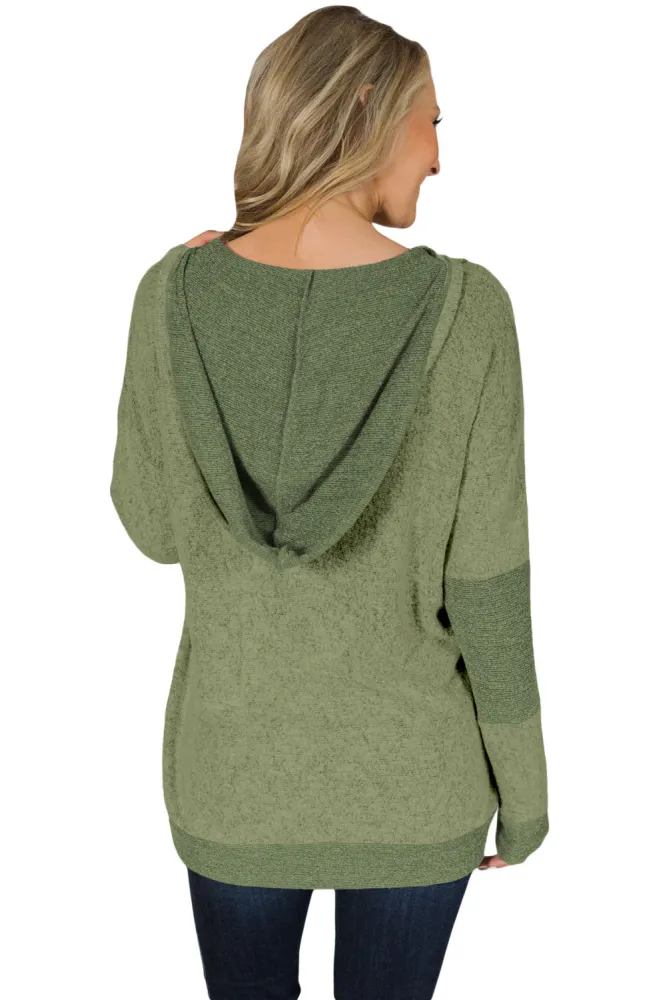 Army Green V Neck Patchwork Design Hoodie