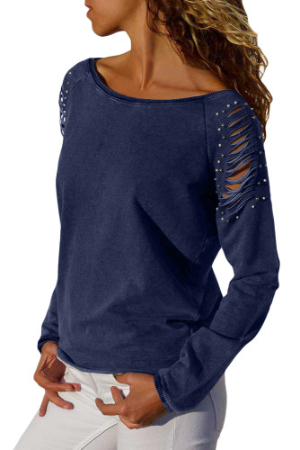 Navy Blue Ribbed Slash Pearl Detail Long Sleeve Top