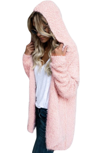 Pink Fluffy Hooded Open Front Cardigan