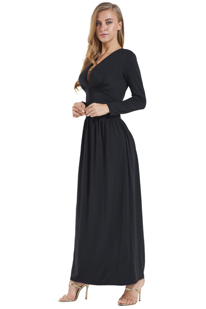 Black Vintage Inspired V-neck Long Sleeve Maxi Dress