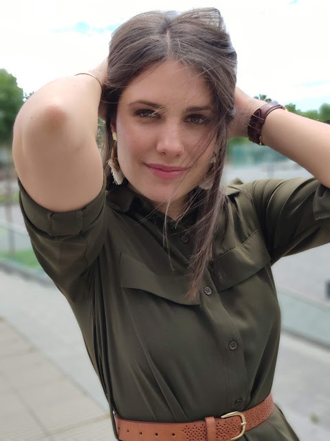 Army Green Slit Maxi Shirt Dress with Sash