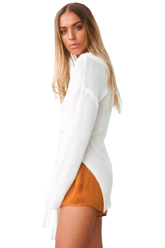 White Side Split Belted Pullover Sweater