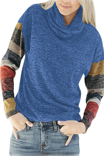 Color Blocked Long Sleeve Blue Cowl Neck Sweatshirt