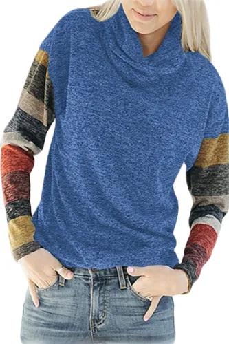 Color Blocked Long Sleeve Blue Cowl Neck Sweatshirt