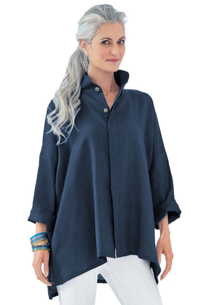Navy Stand Collar Button Front Blouse