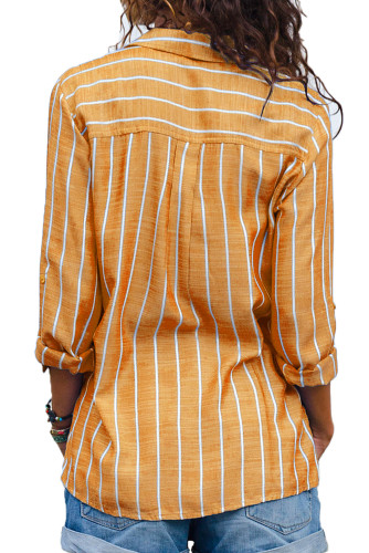 Orange Striped Roll Tab Sleeve Button Shirt