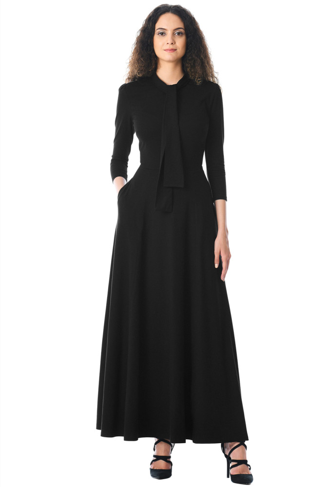 Black Pocketed 3/4 Sleeves Tie Neck Maxi Dress