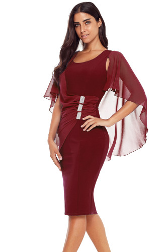 Burgundy Waist Pleats Rhinestone Detail Midi Dress