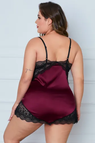 Red Lace Cups Silky Satin Plus Size Chemise