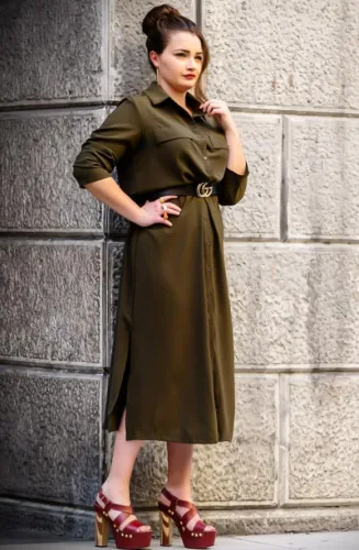 Army Green Slit Maxi Shirt Dress with Sash