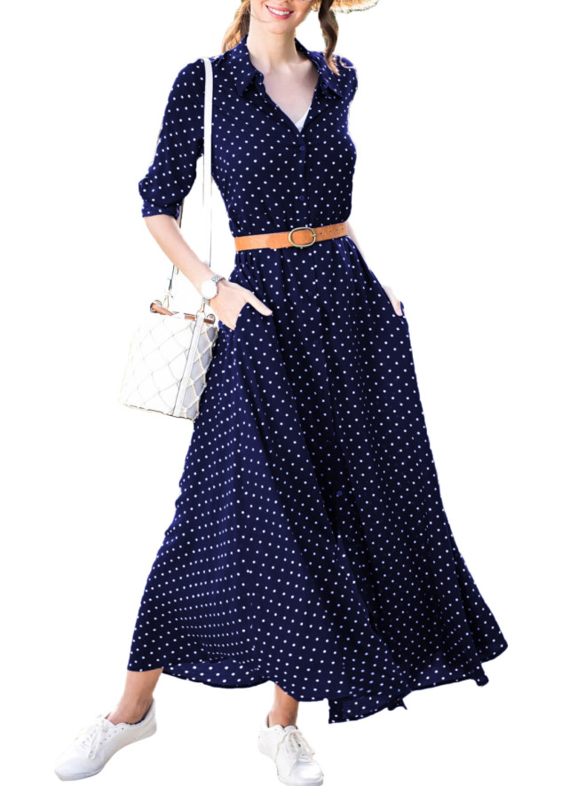 Navy Blue Polka Dot Button Down Maxi Shirt Dress