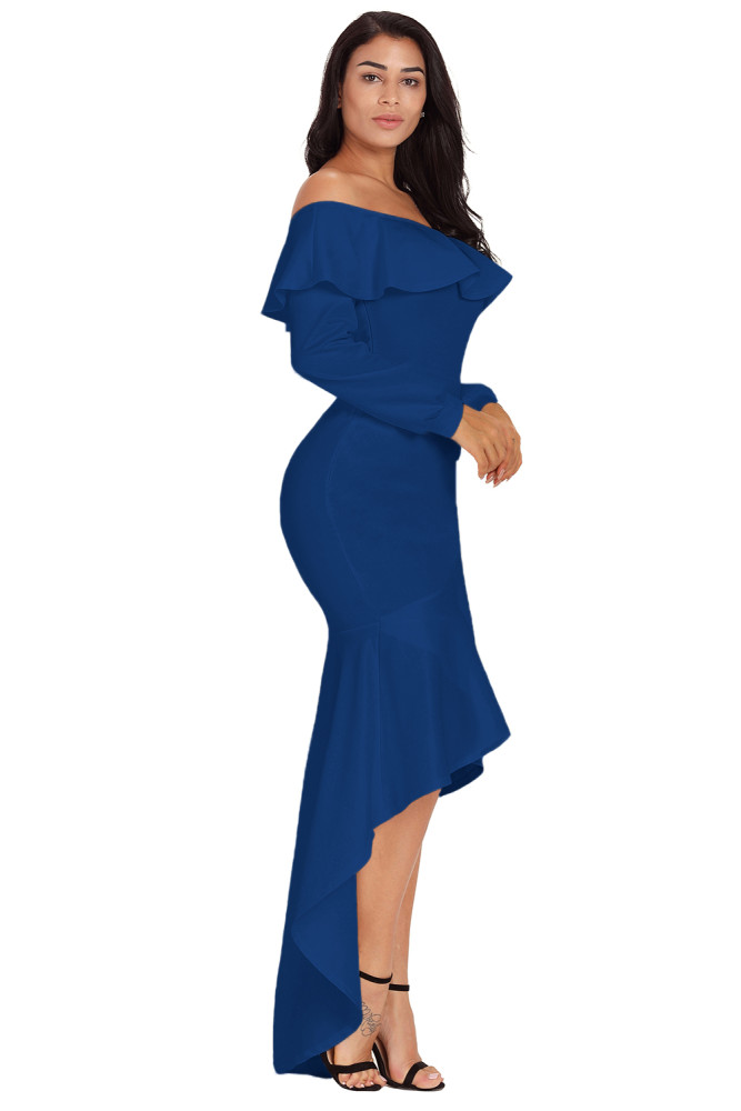 Blue Lantern Sleeve Asymmetric Ruffle Hem Evening Dress