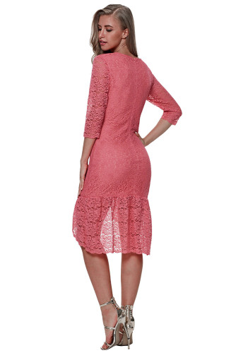 Button Down Detail Rose Lace Midi Dress