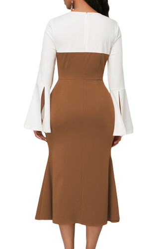 Long Bell Sleeve Brown Sweetheart Patchwork Midi Dress