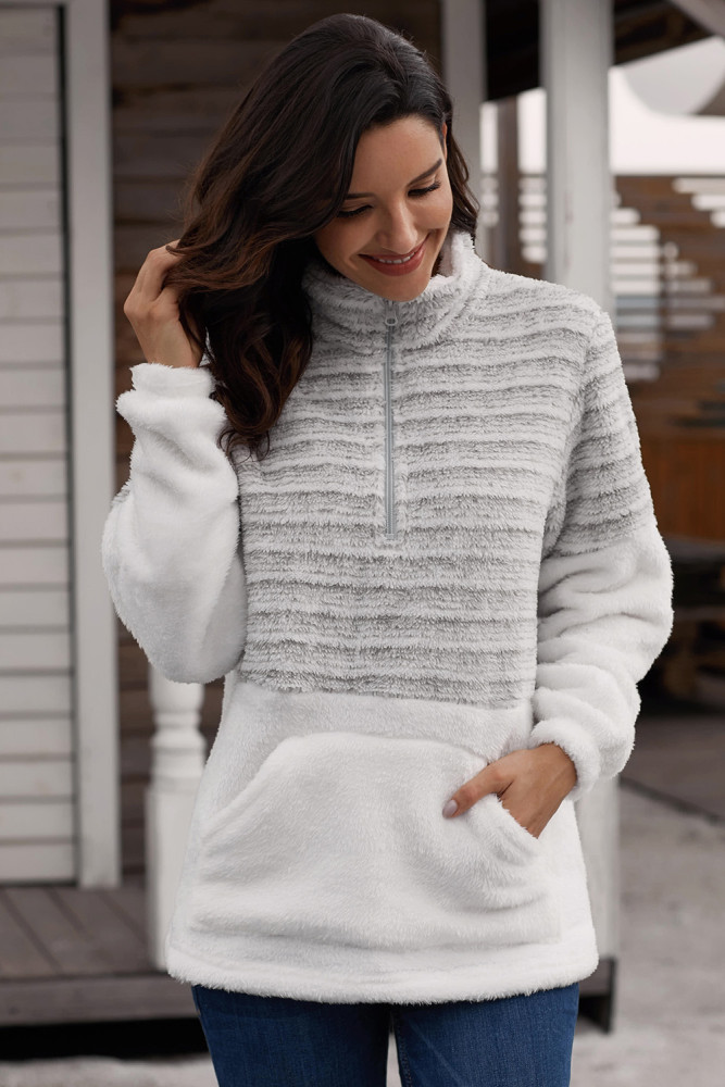 Gray Fuzzy Striped Furry Sweatshirt