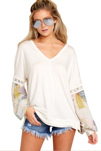 Printed Bubble Sleeve Splice White Tunic Top