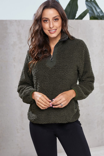 Dark Olive Zip Neck Furry Sweatshirt