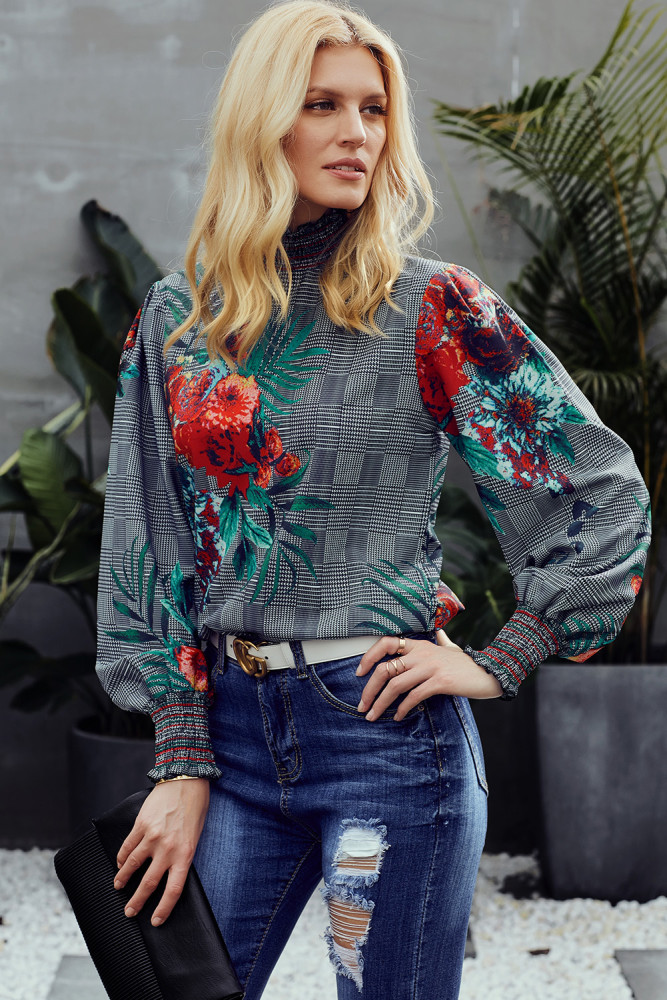 Gray Plaid Tropical Print Smocked Long Sleeve Blouse