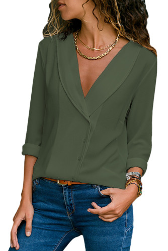 Olive Green Lapel V Neck Button Down Blouse