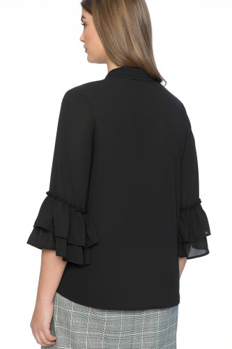Black Tie Neck Ruffle Sleeved Plus Size Blouse