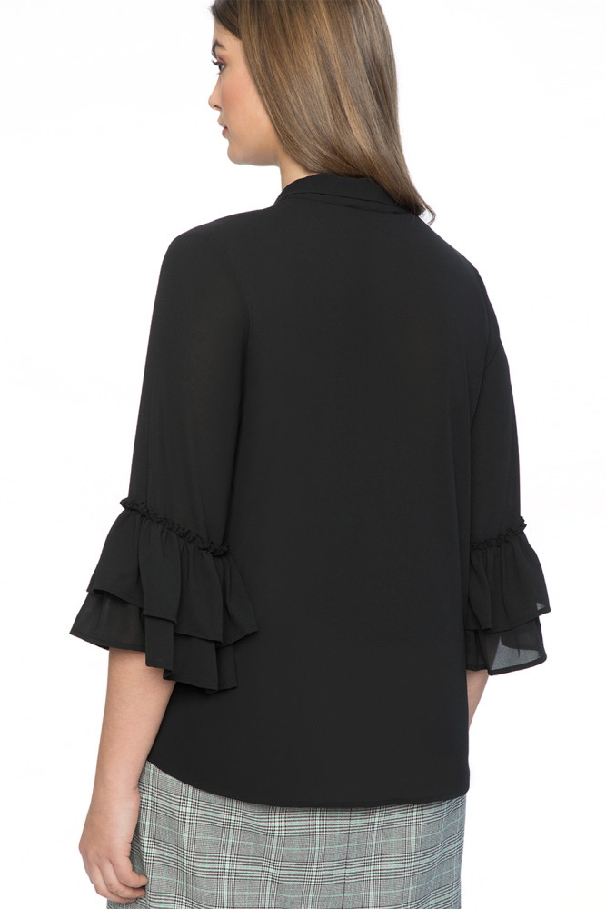 Black Tie Neck Ruffle Sleeved Plus Size Blouse