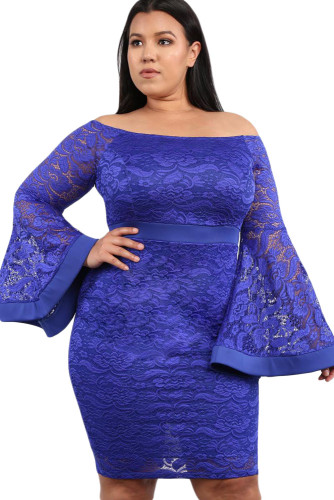 Blue Plus Size Long Bell Sleeve Lace Dress