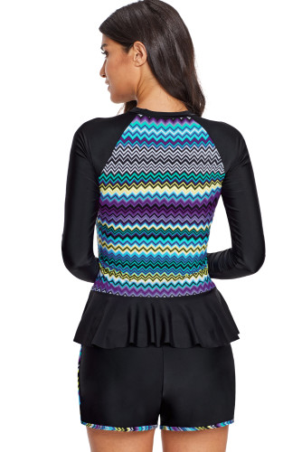 Multicolor Zigzag Accent Rashguard and Shorts