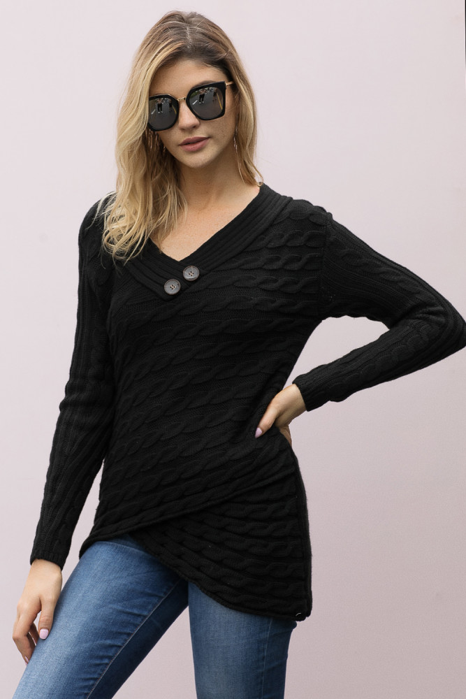 Black Buttoned Sweetheart Neck Cable Knit Sweater