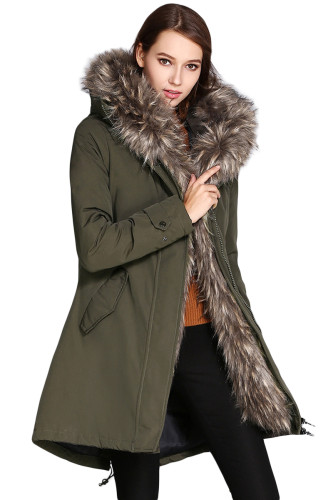 Fur Trim Hooded Army Green Parka Storm Coat