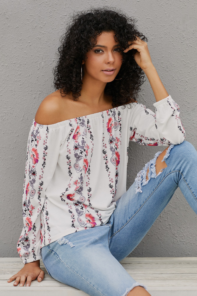 White Floral Print Elastic Off Shoulder Top