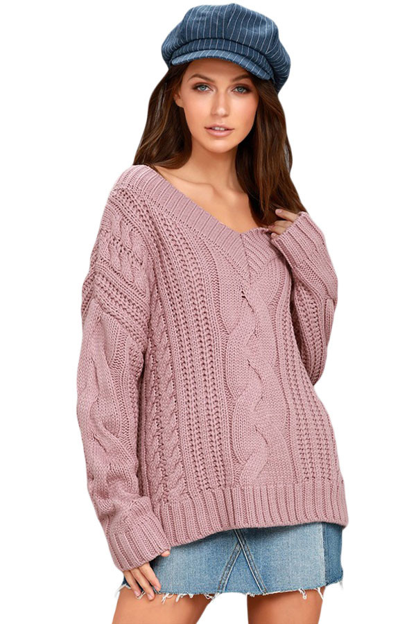 Pink Cable Knit V Neck Sweater