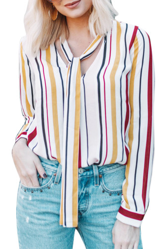 Mustard Multiple Striped Pussycat Bow Top