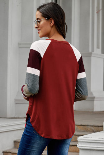 Color Block Long Sleeves Burgundy Pullover Top