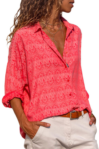 Red Graphic Geometry Button Down Blouse