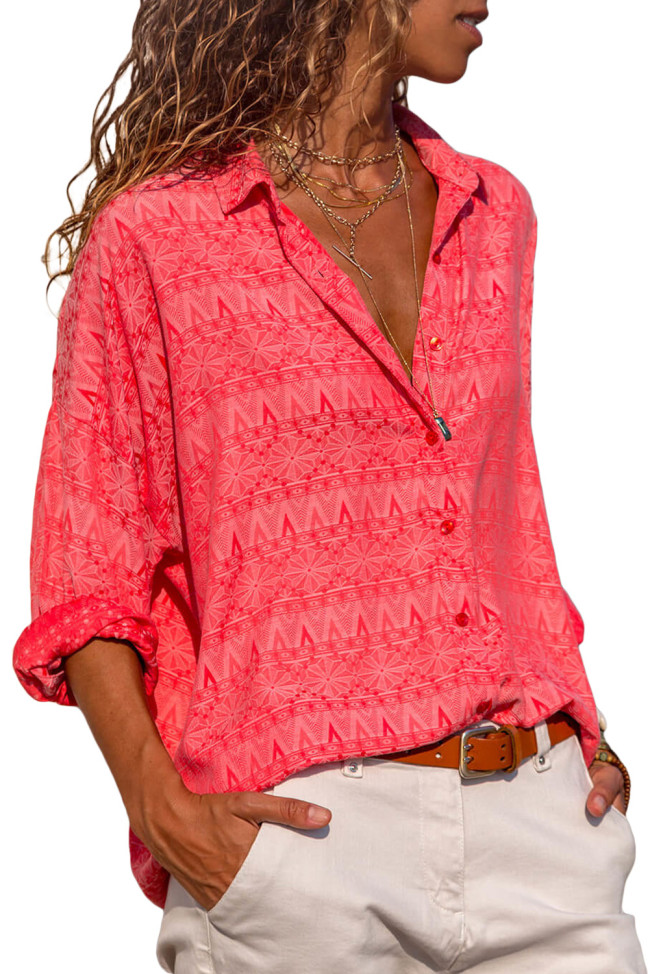 Red Graphic Geometry Button Down Blouse
