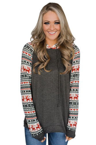 Charcoal Christmas Reindeer Hooded Long Sleeve Sweatshirt