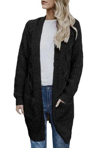 Black Pocketed Cable Knit Cardigan
