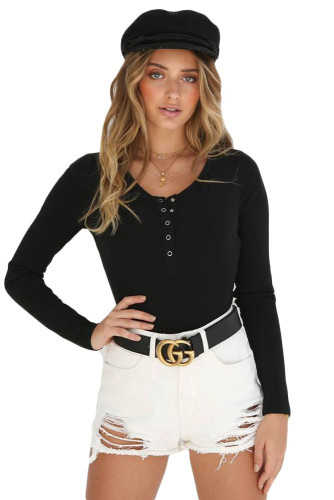Black Long Sleeve Button Front Bodysuit