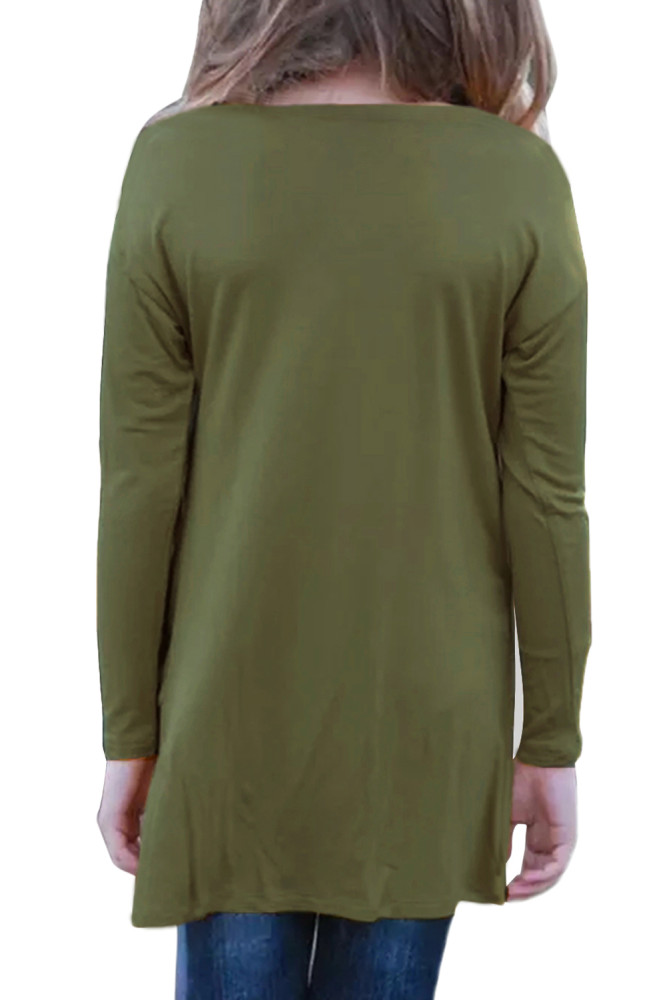 Army Green Twist Knot Detail Long Sleeve Girl's Top