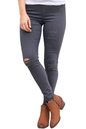 Gray Distressed Front Stretch Denim Pants