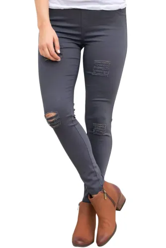 Gray Distressed Front Stretch Denim Pants