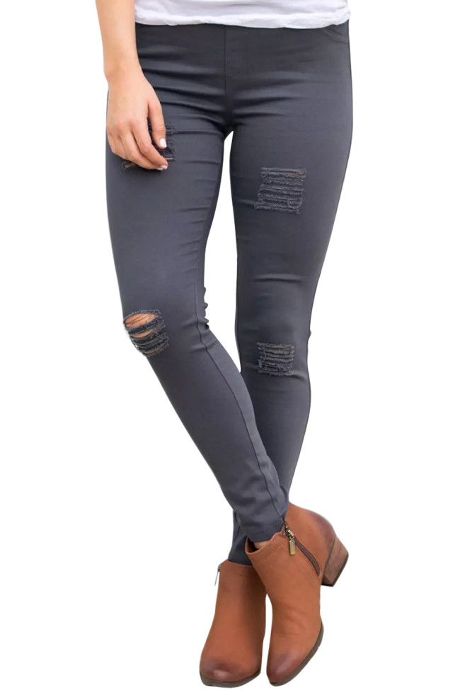 Gray Distressed Front Stretch Denim Pants
