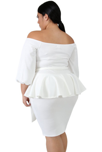 White Sash Tie Plus Size Peplum Dress