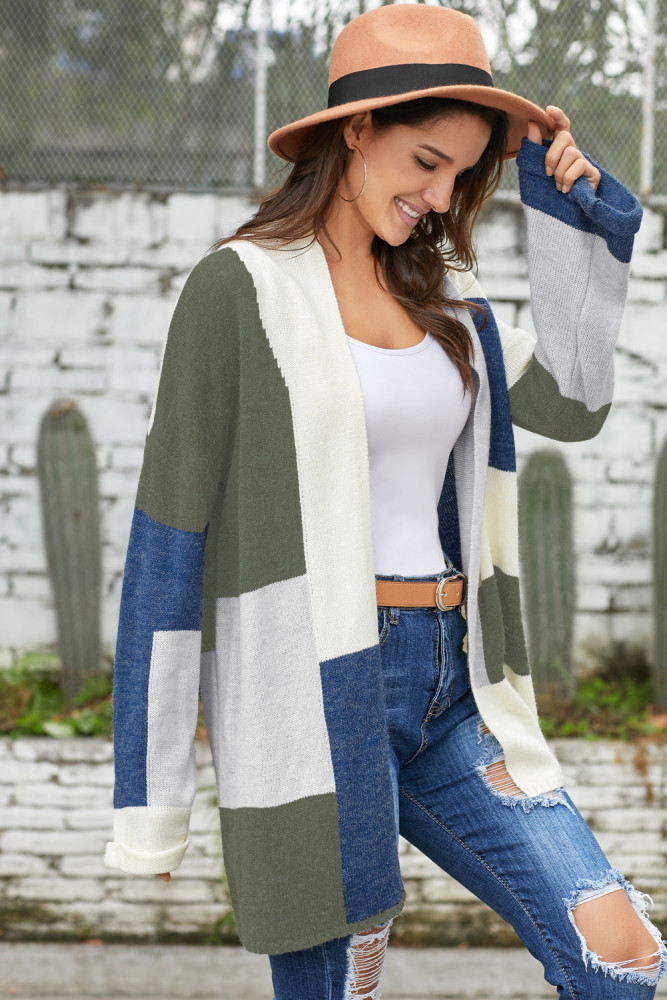 Green Blue Multi Colorblock Open Front Cardigan