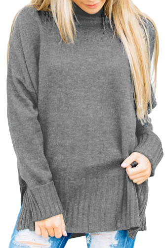 Gray Turn-up Sleeve Turtle Neck Sweater