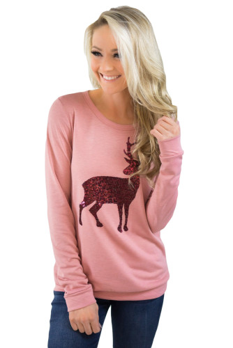 Pink Reindeer Sequined Christmas Sweatshirt