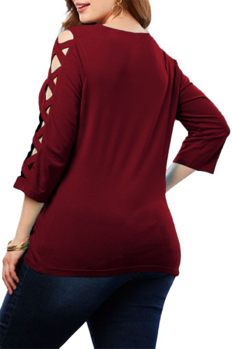 Burgundy Lattice Quarter Sleeved Plus Size Top